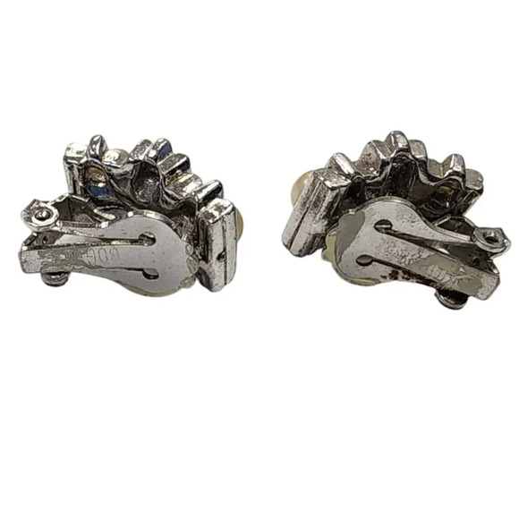 Vintage 60s-70s Blue Crystal Faux Pearl Elegant Clip-on Earrings Silver Tone - Picture 2 of 2